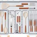 Large Utensil Organizer for Kitchen Drawer, Expandable Silverware Drawer Organizer Cooking Tray, Cutlery and Flatware Utensil Holder Kitchen Spatula Tools Storage with 3 Dividers, Grey