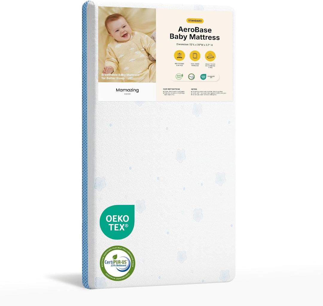 MAMAZING Aerobase Baby Crib and Toddler Mattress, 2-Stage Breathable Mattress, Non-Toxic, Waterproof Sleep Surface, Machine-Washable Cover for Easy Care, Fits Standard Baby Crib & Toddler Bed