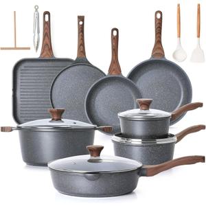 SENSARTE Nonstick Granite Cookware Set, 23 PCS Pots and Pans Non Toxic, PFOA & PFOS Free, Healthy Non Stick Granite Stone Coating Kitchen Cooking Set with Stay-Cool Handles, Gray, Large