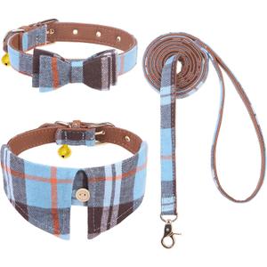 EXPAWLORER Puppy Collar and Leash Set - Classic Plaid Small Dog Collar with Bow Tie, 360 Swivel No Tangle Dog Leash, Adjustable Dog Collar for Small Medium Dogs Cats, Sky Blue S