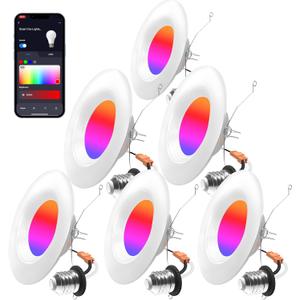 Smart Recessed Lighting 5/6 Inch - 6 Pack Wi-Fi RGB Color Changing LED Recessed Can Lights, 13W 1050LM Dimmable Retrofit Recessed Downlight Wafer Lights, Work with Alexa, Google, Siri