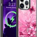 OOK Magnetic for iPhone 13 Pro Max Case Pink Butterfly with Flower Nebula Space Design [Compatible with MagSafe] Hard PC+Soft TPU Bumper Anti-Slip Ultra Thin Case, Hot Pink