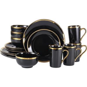 Modern Porcelain 16 Piece Dinnerware Set for 4, Black and Gold Plates and Bowls Set - Service Includes Mugs, Elegant Chip Resistant Dishwasher Safe Complete Dish Set