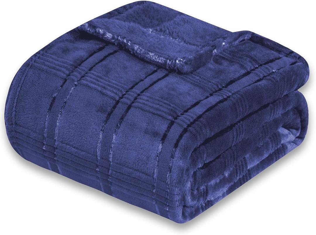 Super Soft Flannel Queen Blanket 90x90 Inches, Premium Checkered Jacquaed Silky Fleece Lightweight Bed Blanket All Season Use, Navy Blue-1 Strip, 90"x90"