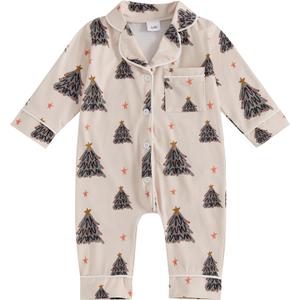 Balaflyie Baby Girl Button Down Pajamas Romper One-Piece Jumpsuit Long Sleeve Sleeper Infant Sleepwear (12-18 Months, Christmas Tree&cream)
