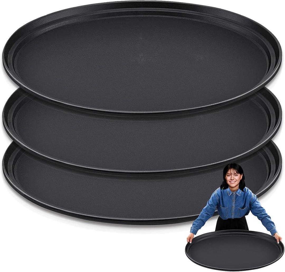 3 Pcs Large Restaurant Serving Trays 24" x 29" Oval Plastic Food Serving Tray Non Slip Rubber Lined Black Serving Tray for Cafeteria (3)