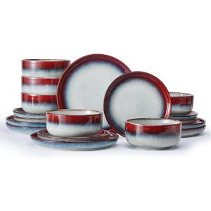 KINGSTONE Dinnerware Set for 6, Red Reactive Glaze Plates and Bowls Sets