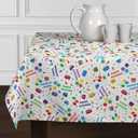 Happy Birthday Multicolor Tablecloth Cover TableTop Reusable Colorful Party Supplies Home Decorations Decor Dining Room Kitchen Fabric Overlay Pattern Linens Rectangle Oblong Table Cloth 54”x 84”