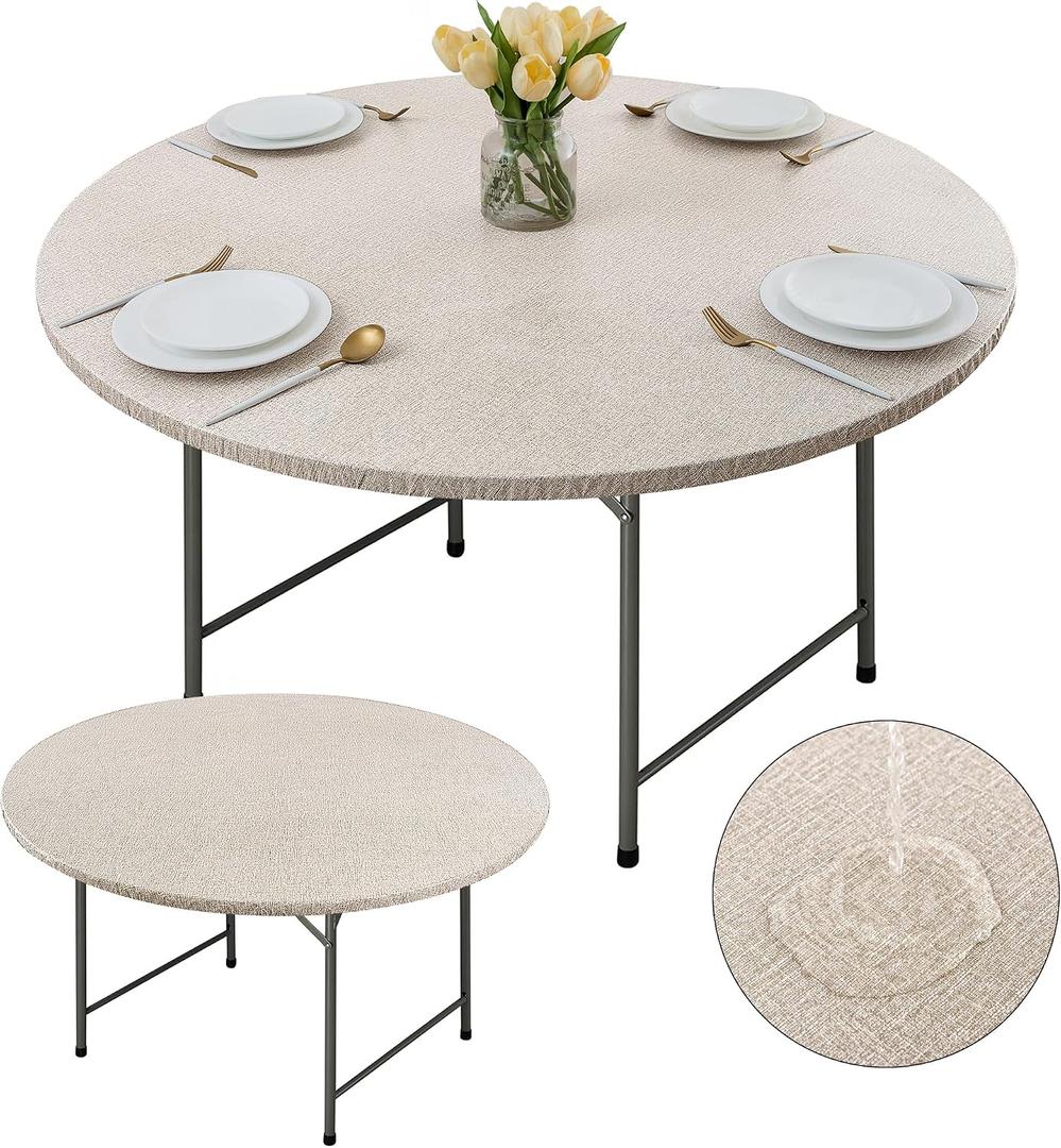 Fitable 2 Pack Faux Linen Round Table Cover with Flannel Backing, Vinyl Fitted Elastic Tablecloth Waterproof Table Cloth for Outdoor Picnic, Party, Indoor Dining, Nature (Fit for 45"-56" Round Tables), 2 Pack | 60RFor 45-56"Round Tight Fit)