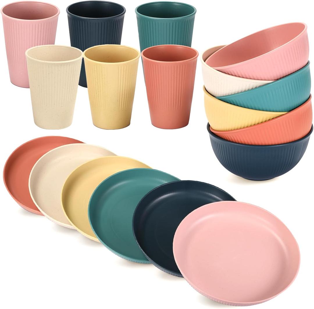 18PCS Wheat Straw Dinnerware Sets Unbreakable Dinnerware Sets Reusable Cups Plates and Bowls Sets Microwave Dinnerware Set for Kitchen Travel Camping (Colourful)