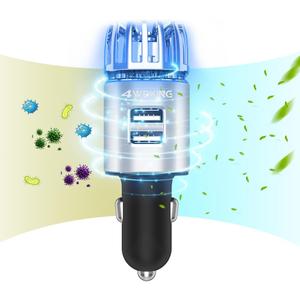 Car Air Purifier Ionizer, 12V Plug-in Car Air Freshener Gadgets with Dual USB Charger Removes Cigarette Smoke, Pet and Food Odor, Ionic Ozone (Silver)