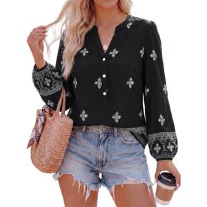 BTFBM Womens Tops Spring Casual Long Sleeve Shirts Button Up V Neck Bohemian Blouses Loose Tunics Vacation Outfits (M)