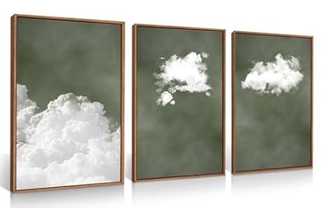 Sage Green Wall Art Canvas Prints Cloud Art Posters, Large Minimalist Painting Bathroom Framed Wall Decor Bedroom Aesthetics Decorations Set of 3 (16x24 Inches)