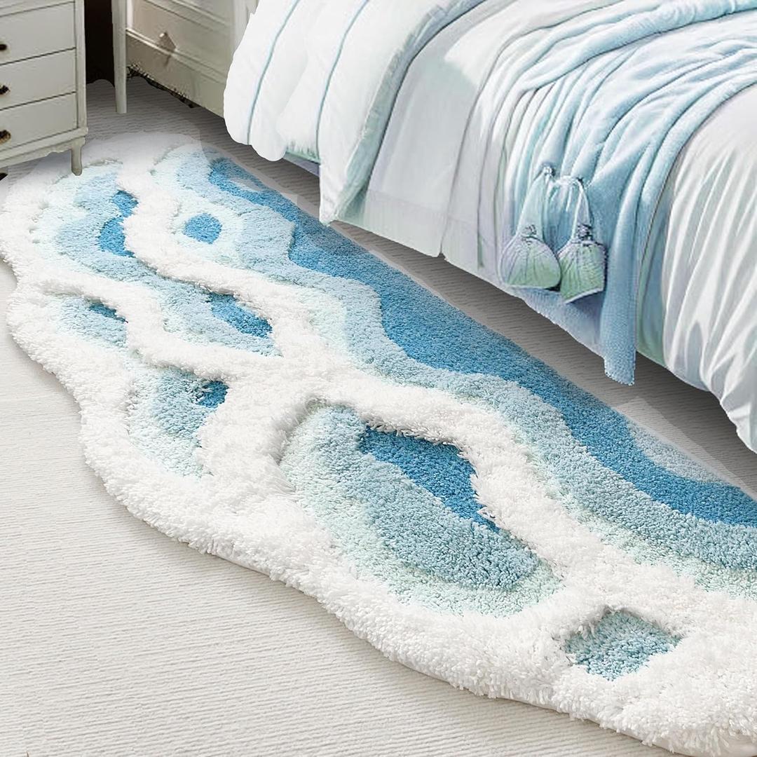 Soft Shag 3D Stereo Wave Moss Bedside Rug 20"36" Cute Navy Blue Runner Rug Non Slip Washable Bathroom Rugs Bath Mats for Bedroom Bathroom Hallway Home Decor Indoor Doormat Shower Mat