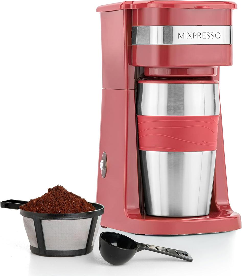 Mixpresso Red Personal Single Serve Coffee Maker with 14oz Travel Mug, Drip Small Coffee Maker with Auto Shut Off, Reusable Filter, Works with Ground Coffee Only  Not for K-Cup Pods