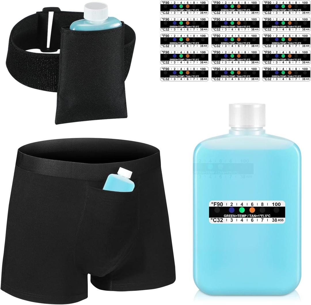 Cuffbow 19 Pcs Urine Test Complete Kit, Include 1 Urine Bottle 15 Temperature Test Strips 1 Storage Pouches 1 Hidden Leg Strap and 1 Lining Pocket Boxer Brief for Travel Lab Testing(Large)