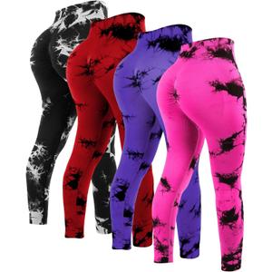 Mumucove 4 Pcs Womens Workout Leggings Tie Dye High Waisted Yoga Pants Seamless Scrunch Butt Lifting Compression Tights(X-Large, Black, Red, Rose Red, Purple)