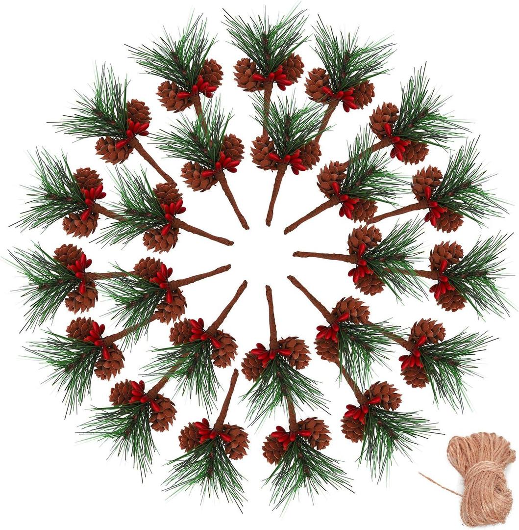 Geefuun 24Pieces Christmas Artificial Pine Needle/Pick Decorations 1 Pack Jute Twine Rope - Xmas Party Gift Wrapping Decor Wreaths Arrangement Tree Ornaments Wedding Supplies