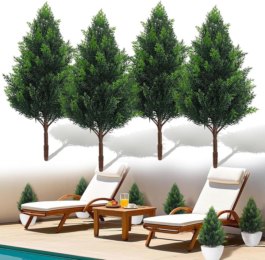 Artificial Cedar Topiary Plants: 20 Inch (4P) UV Resistant Faux Pine Stems Shrubs Plastic Greenery for Outdoor Indoor Home Decor, Garden, Front Porch, Office, Restaurant & Holiday Party