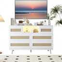 Hetoy Rattan Drawers,LED Rattan 6-Drawer Dresser with Power Outlets,47" Wide Modern Wooden Chest of Drawers with Charging Station, Multi-Function TV Stand & Storage Cabinet for Bedroom, Living Room