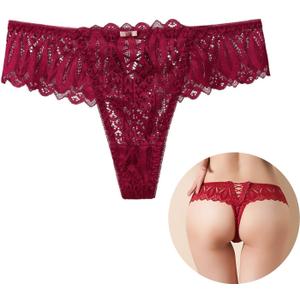 Women's Plus Size Lace Thong Floral Tanga Panties Hollow Out Bikini Sexy Criss Cross Underwear Hot Lingerie Cheeky (Large, Red)