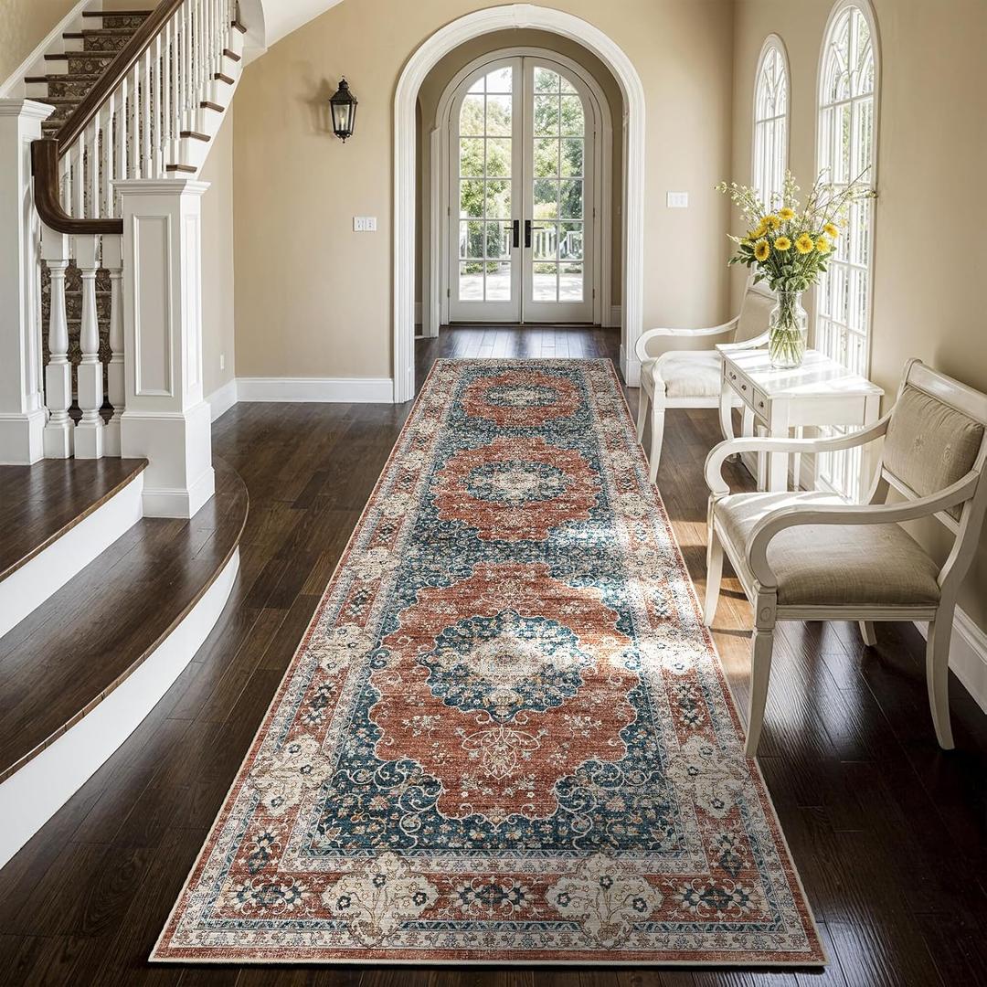 3x10 Washable Hallway Runner Rug:Oriental Indoor Kitchen Rugs Vintage Door Mat Non Slip with Rubber Backing Low Pile Thin Carpet for Bedroom Bathroom Living Room Bedside (3x10 Brick/Blue)