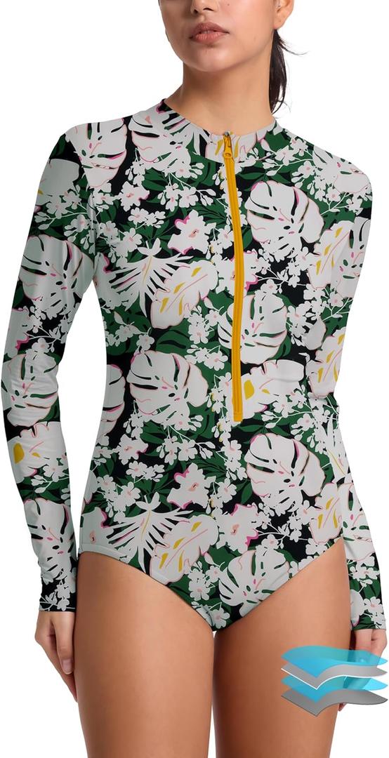 Beautikini Period Swimwear for Teens Long Sleeve One Piece Swimsuit UPF50+ Rash Guard Bathing Suit for Girls,Women (Small, Dark Green Leaf)