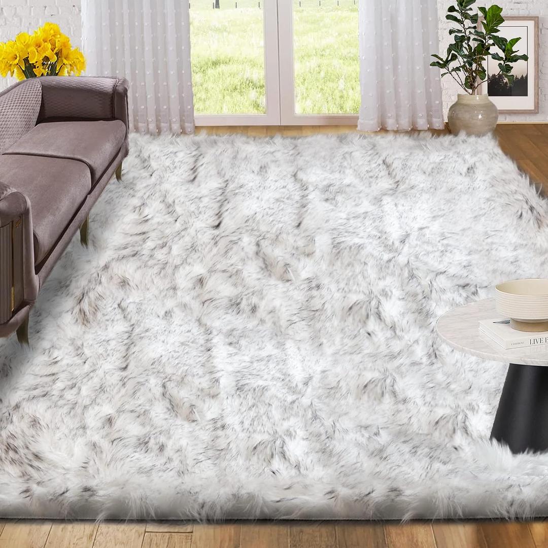 ORINOVA White and Grey Area Rugs 9x12 Living Room Large Washable Faux Fur Rugs for Bedroom Nursery Shaggy Sheepskin Fur Rectangle Rug