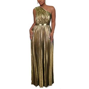 AOMEI Women's Luxury Metallic One Shoulder Sleeveless Elegant Pleated Long Dress (Gold) XL