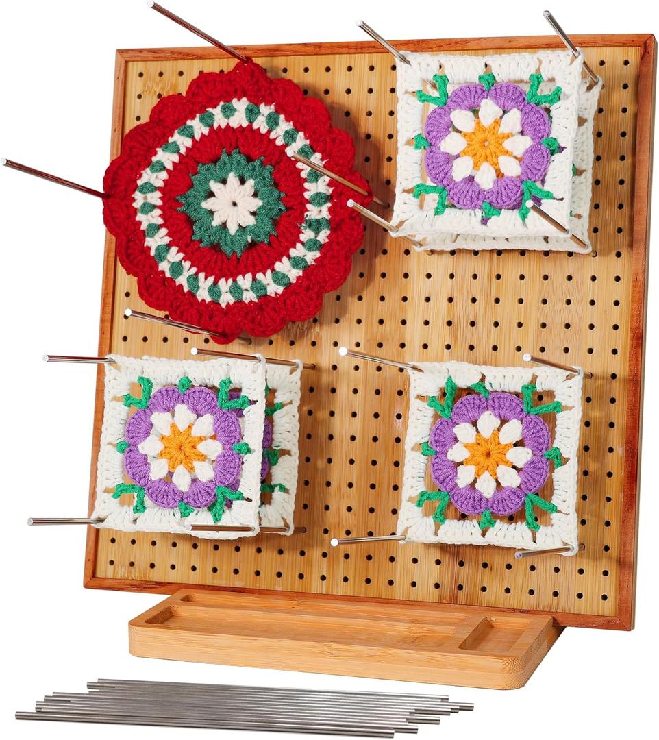 11.8" Crochet Blocking Board with 16 Pins/Pegs, Blocking Boards for Crochet Projects, Granny Square Blocking Board for Crochet Projects, Wooden Crocheting Accessories Gifts for Crocheters
