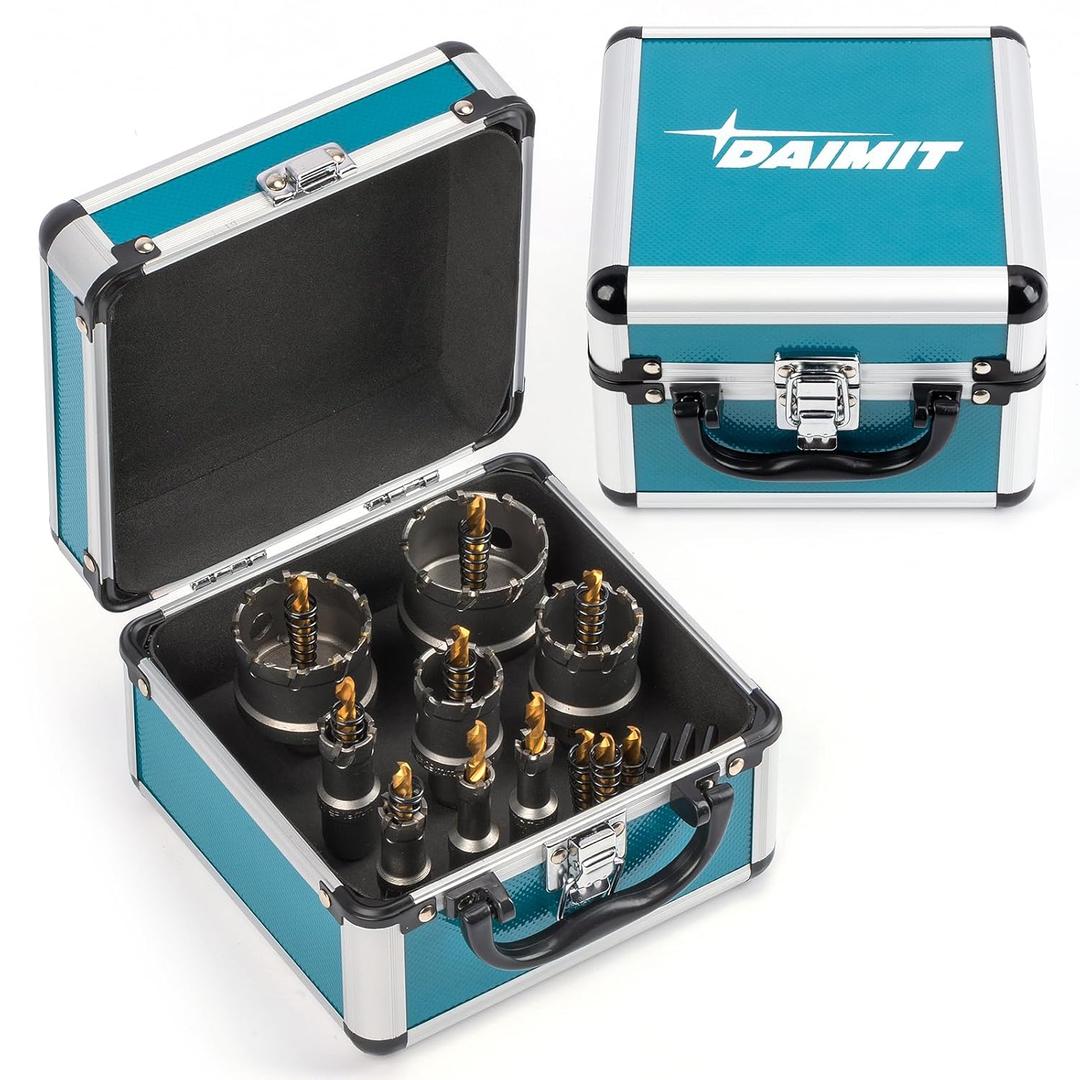 DAIMIT 14Pcs TCT Hole Saw Kit, 1/2"-1-57/64" Heavy-Duty Tungsten Carbide Hole Saws Kit for Metal, Stainless Steel, Iron, Wood, Plastic, with 3*Detachable Pilot Drill Bits and 3*L-Wrench