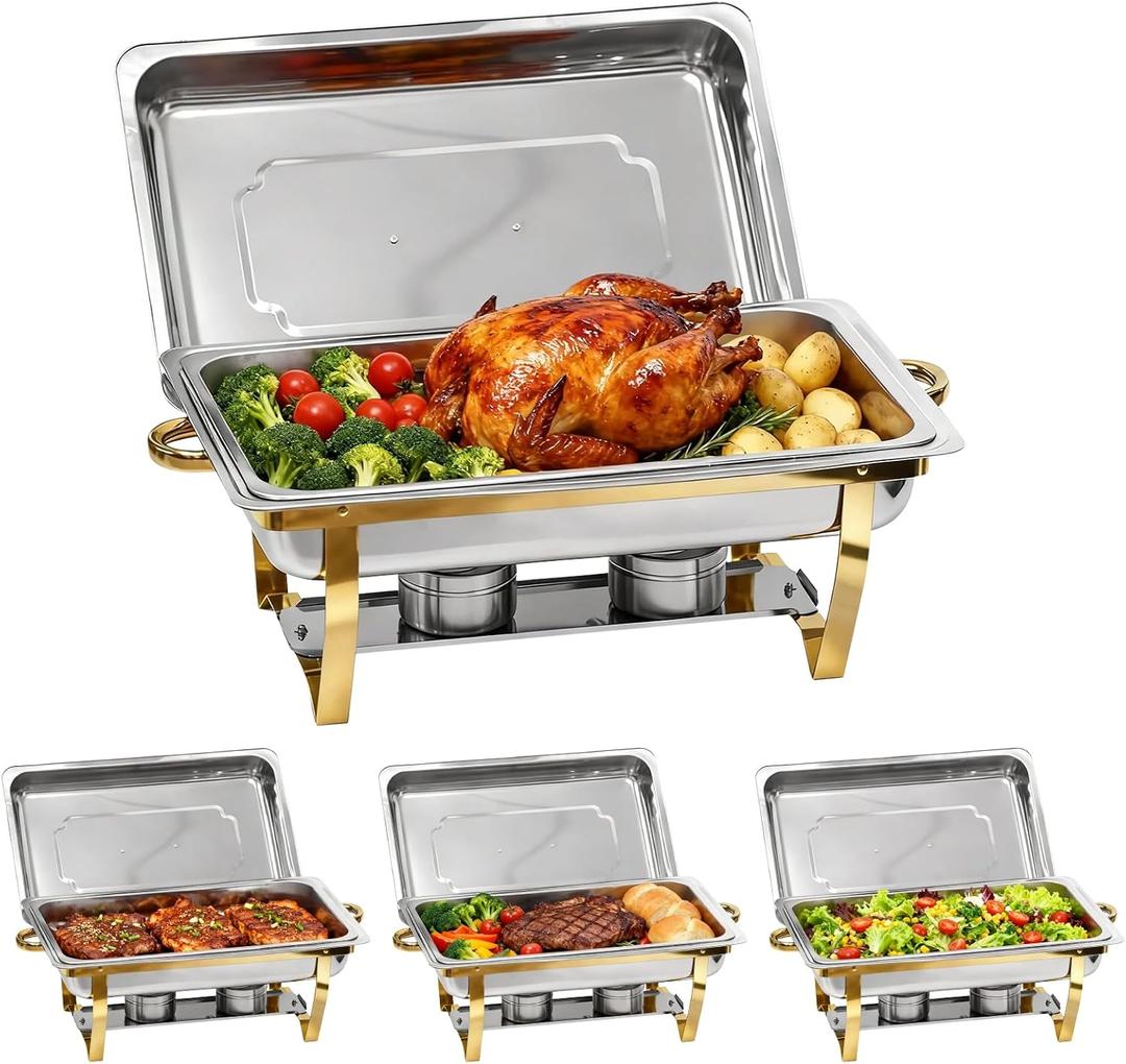 9Qt Chafing Dishes for Buffet, 4 Pack Gold 304 Stainless Steel Chafing Dish Sets, Food Warmers for Parties Buffet,Complete Buffet Servers and Warmers to Keep Food Warm