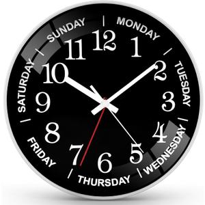 QINFIEY 12 Inch Day of Week Wall Clock, Non Ticking Modern Clocks Battery OperatedAnalog Day Clock for Seniors EldlyClassic for Office Home Classroom Bedroom School,Unique Gift Clock