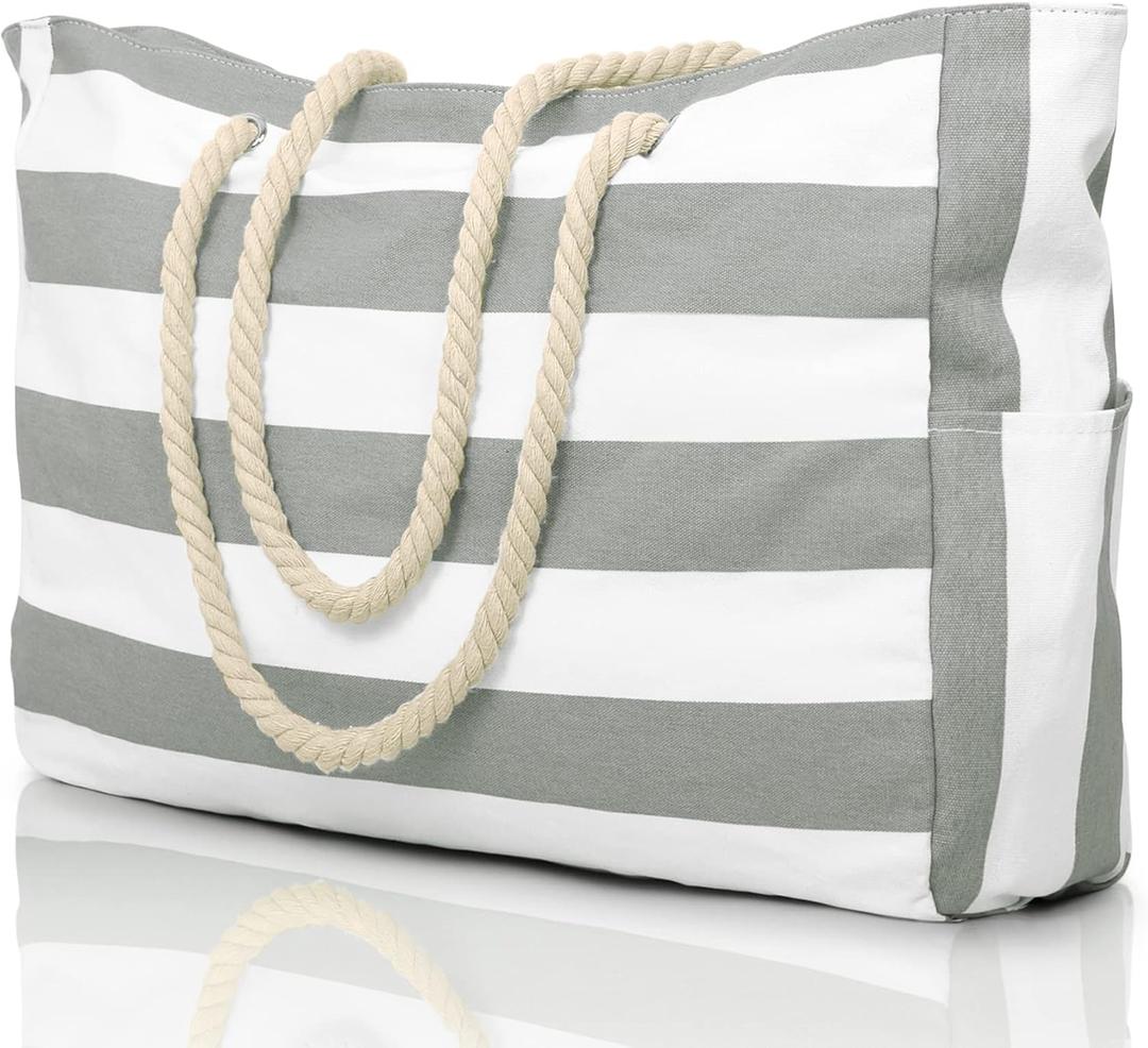 Becokan Beach Bags for Women Large Waterproof Beach Tote Bag Zipper Beach Bags Waterproof Sandproof Swim Pool Bag Large Tote (Light Grey)