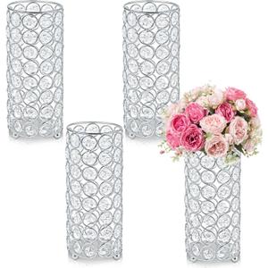 Elegant Crystal Column Vase/Candle Holder for Table Centerpiece, Cylinder Flower Display for Weddings & Home Decor (4, Silver)
