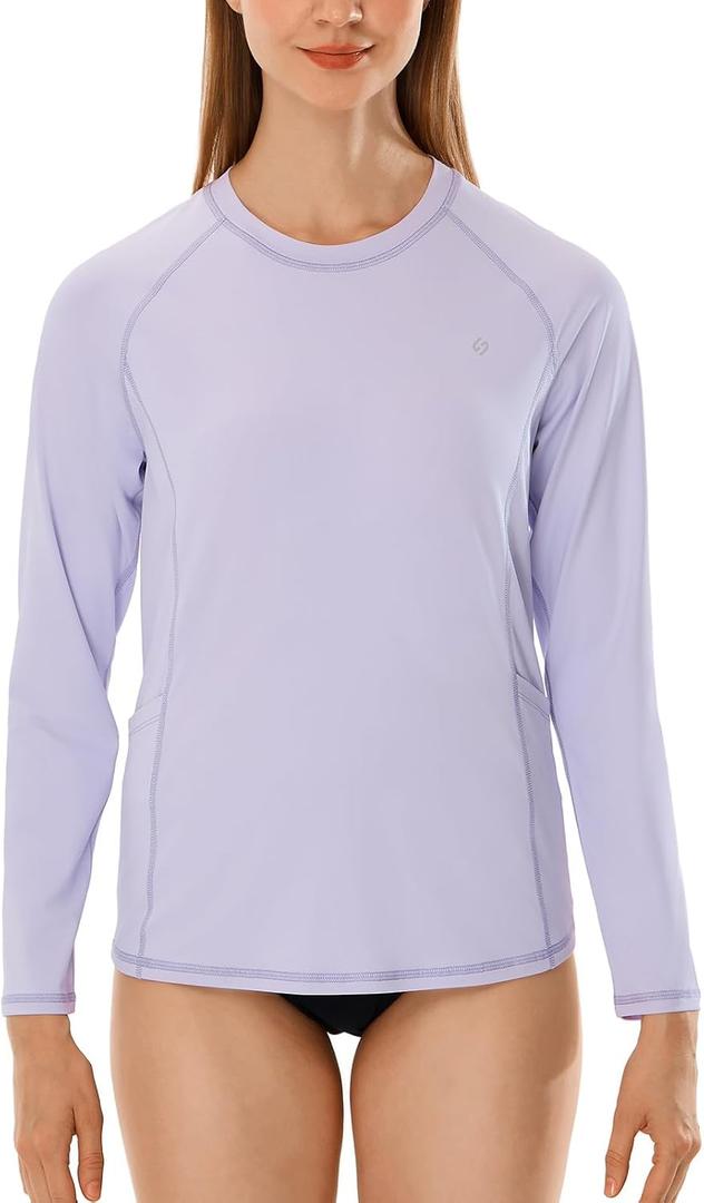 HODOSPORTS Rash Guard for Women UPF 50+ Swim Shirt with Pockets Sun Protection Shirts Lightweight Long Sleeve (Medium, Purple)
