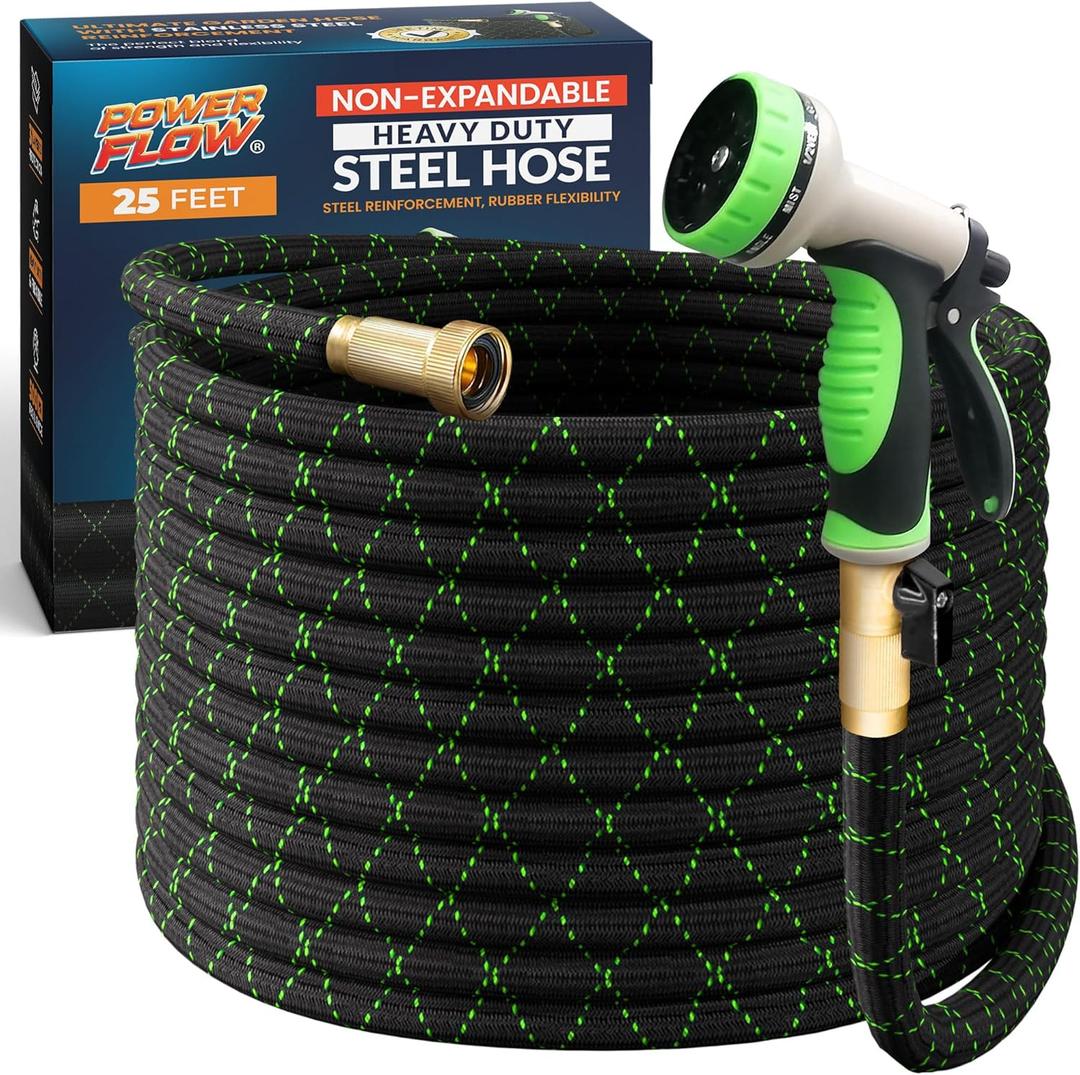 Garden Hose, NON-EXPANDABLE 25 Feet Premium Quality Stainless Steel Metal Water Hose with Durable Fabric Skin, Hose For Commercial, Residential Use, Bonus 10-way Spray Nozzle (25 Ft, Black)
