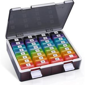 Fullicon Monthly Pill Organizer 1 Time a Day with 32 Compartments, 30 Day Pill Organizer with Labels, Portable Pill Box Pillulier Portatif 31 Jours for Vitamin, Fish Oil, Supplements (Black/Rainbow)