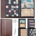 Lewtemi Stamp Collecting Albums Set Stamp Collection Book Include 20 Pages Album Binder Tweezer and Loop Magnifier Collecting Supplies for Collectors(Brown,1/2/3/4 Rows)