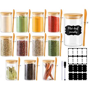 12 Pack 8 oz Round Glass Spice Jars with Lids and Spoons  Airtight Small Spice Containers Set with Labels, Clear Glass Storage Jars for Seasoning, Spices, Kitchen Pantry Organization