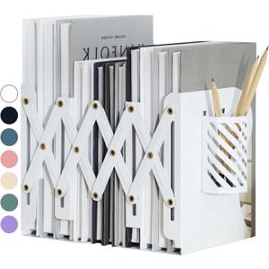 Kingsmile Book Ends, Adjustable Bookends for Shelves, Metal Bookends for Heavy Books, Book Stopper Organzier with Pen Holder for Desk, Kids Room, Office, Classroom, Library, Study Room.(White)