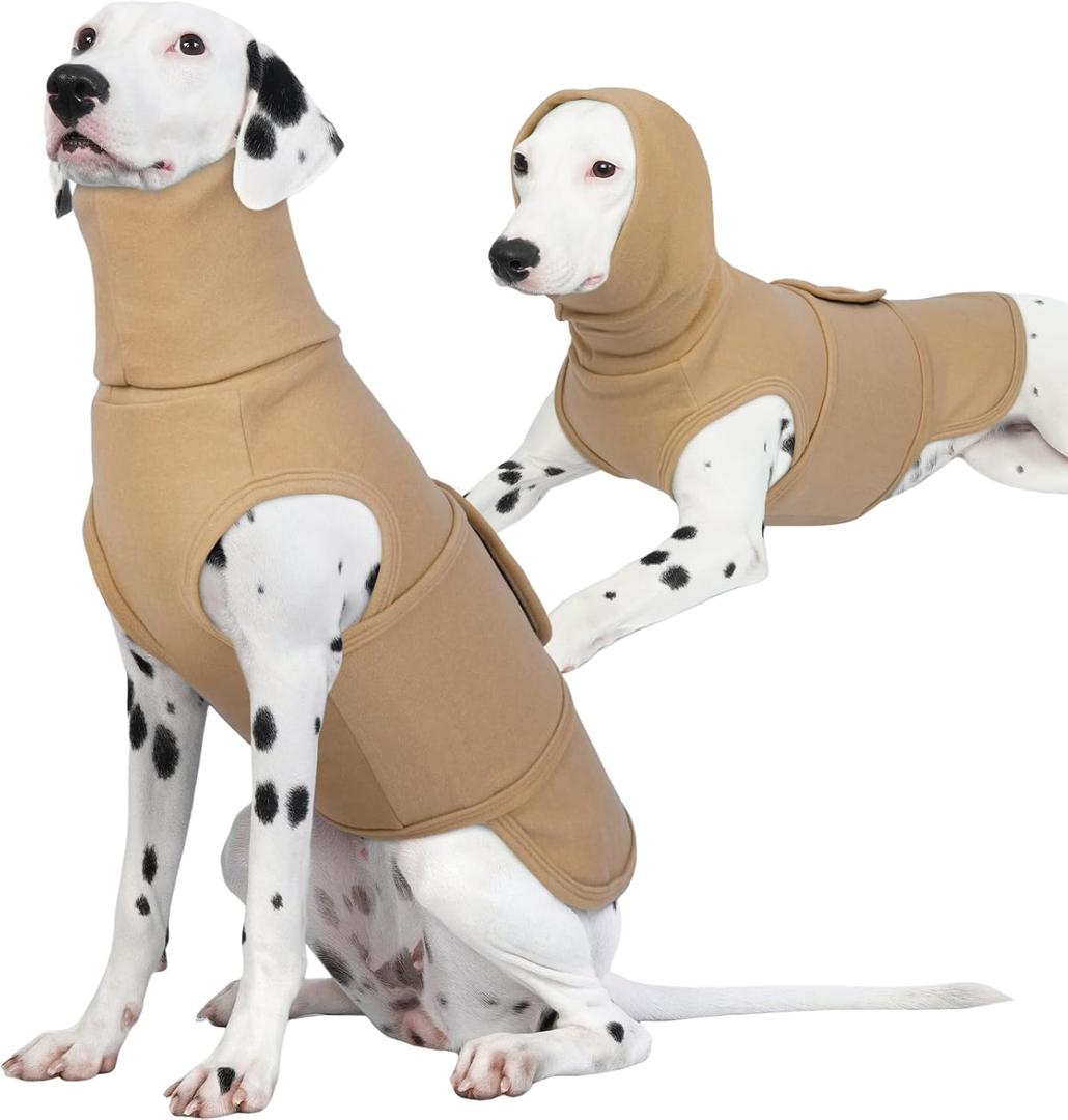 ROZKITCH Dog Anxiety Jacket Vest with Hoodie Soft Ears Cover, Warm Anxiety Jacket Shirt for Medium Dogs for Fireworks Travel Vet Visit 4th of July Holiday Christmas Khaki L (L(Back:17.7";Chest:19.7"-23.6"))