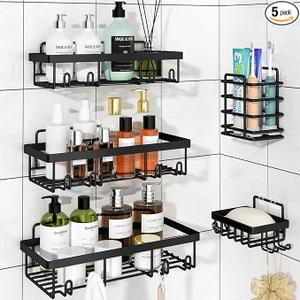 Liuoud 5 Pack Shower Caddy Organizer Rack Shelf for Inside Shower, Adhesive Bathroom Wall Storage Basket Rustproof Stainless Steel Shampoo Holder, Bathroom Accessory Decor Set, Black.