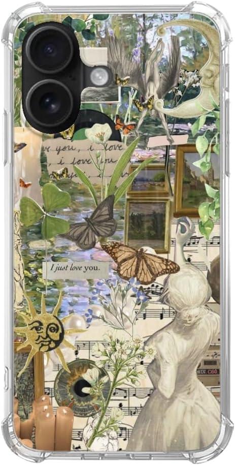 Butterfly Aesthetic Vinatge Case Compatible with iPhone 16, Cottagecore Nature Fairy Phone Case for iPhone 16, Trendy Cool TPU Bumper Case Cover