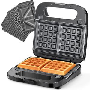Reemix 3-in-1 Waffle, Grill & Sandwich Maker, Panini Press Grill and Waffle Iron Set with Removable Non-Stick Plates, Perfect for Grilled Cheese, Tuna Melts, Burgers, Steaks (Black, Stainless steel)