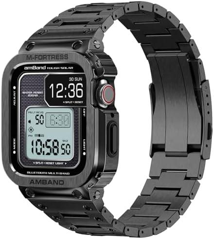 amBand Stainless Steel Band and Case Compatible with Apple Watch Series 9/8/7 45mm, Moving Fortress Pro Rugged Protective Bumper Luxury Metal Cover and Link for iWatch Men Black