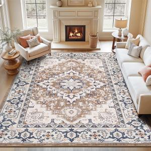 Lofus 9x12 Area Rugs for Living Room, Washable Area Rug, Rugs for Bedroom, Kitchen, Vintage Boho Carpet, Soft Non-Slip, Low Pile Large Area Rug for Office Dining Room, Floral Brown