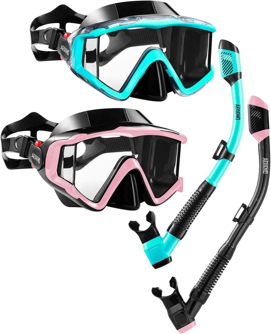 Aegend Snorkeling Gear for Adults Youth Kids, Snorkel Mask with Top Dry Valve - Panoramic View Anti-Leak and Anti-Fog with Mesh Bag for Snorkeling, Scuba Diving, Freediving & Swimming (2PACK-Green & Pink)
