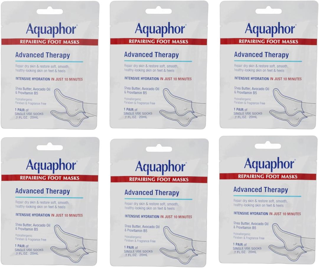 Aquaphor Repairing Foot Masks, Moisturizing Socks for Dry Feet, Hydrating Foot Care Treatment with Avocado Oil and Shea Butter, Pack of 6