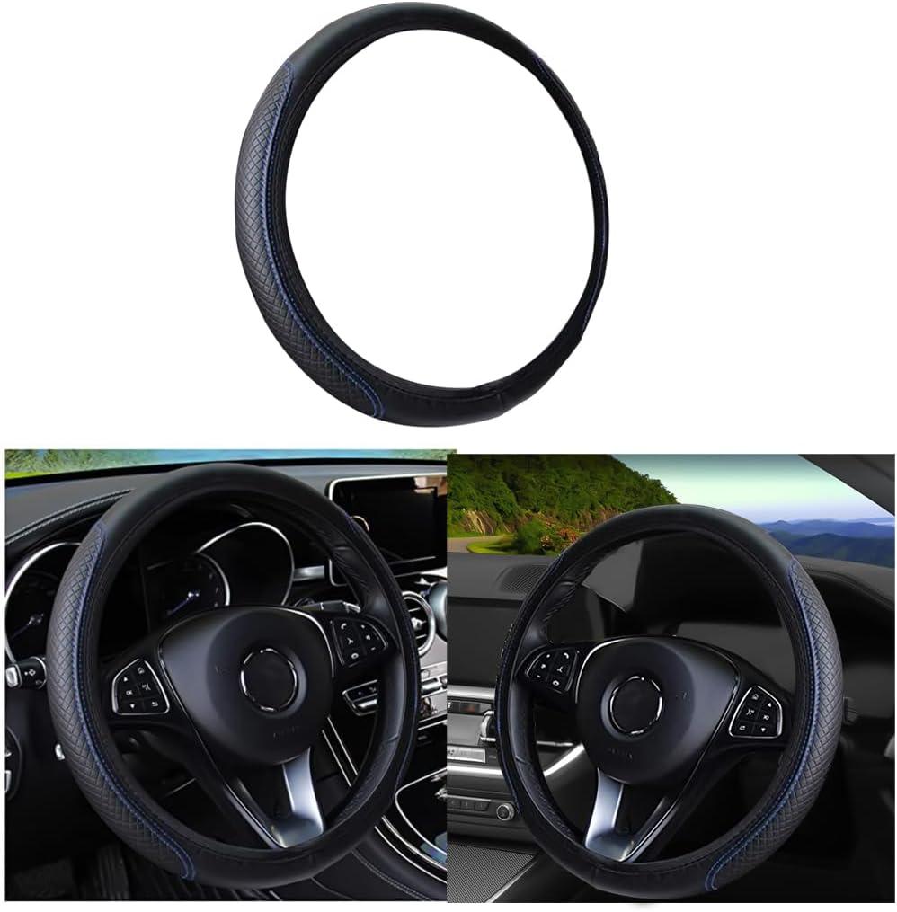Leather Car Steering Wheel Cover, Elastic, Breathable Anti-Slip, Universal 15 inch, Steering Wheel Cover for Men Women (Black/Blue)